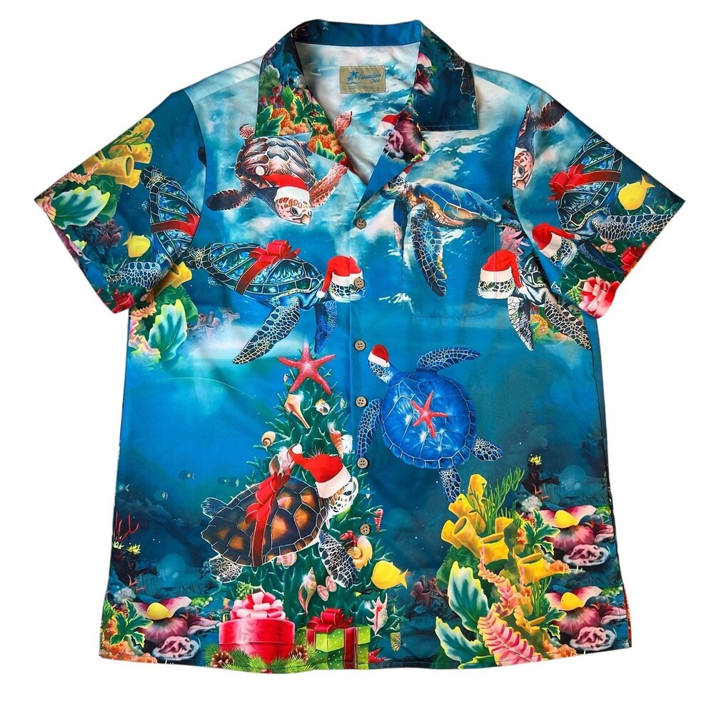 Hawaiian Shirts Lightweight Tropical Christmas Turtle Print Aloha Shirt  Size L